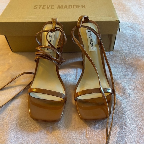 Steve Madden Lafayette Cognac lace up squared strappy heeled sandals size 8 - Picture 2 of 7